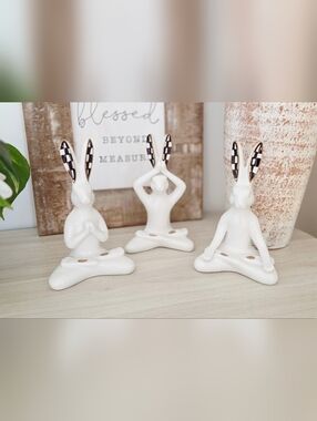 New! Hand Painted, Checked White Ceramic Bunny Yoga Figurine Trio